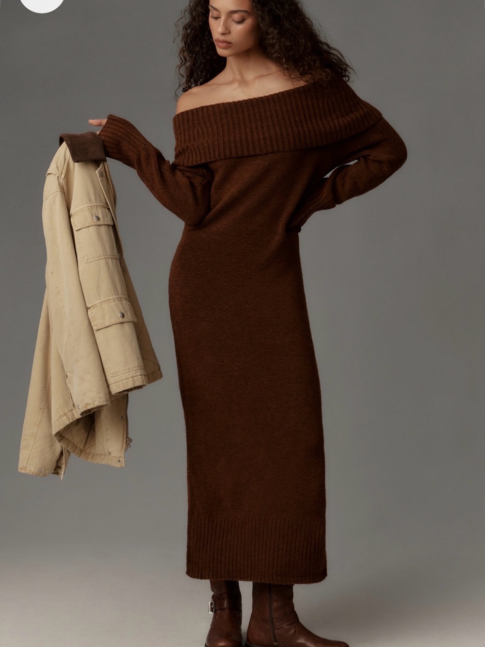 NWOT Anthropologie Off-Shoulder Rib Trim Knit Maxi Dress - Brown